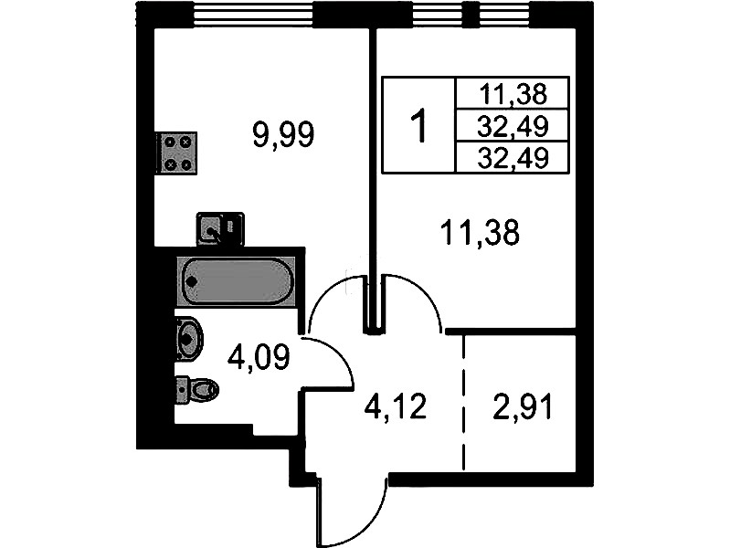 1-комнатная квартира 32.49 м², 14/15 эт., ЖК «Невская Долина»
